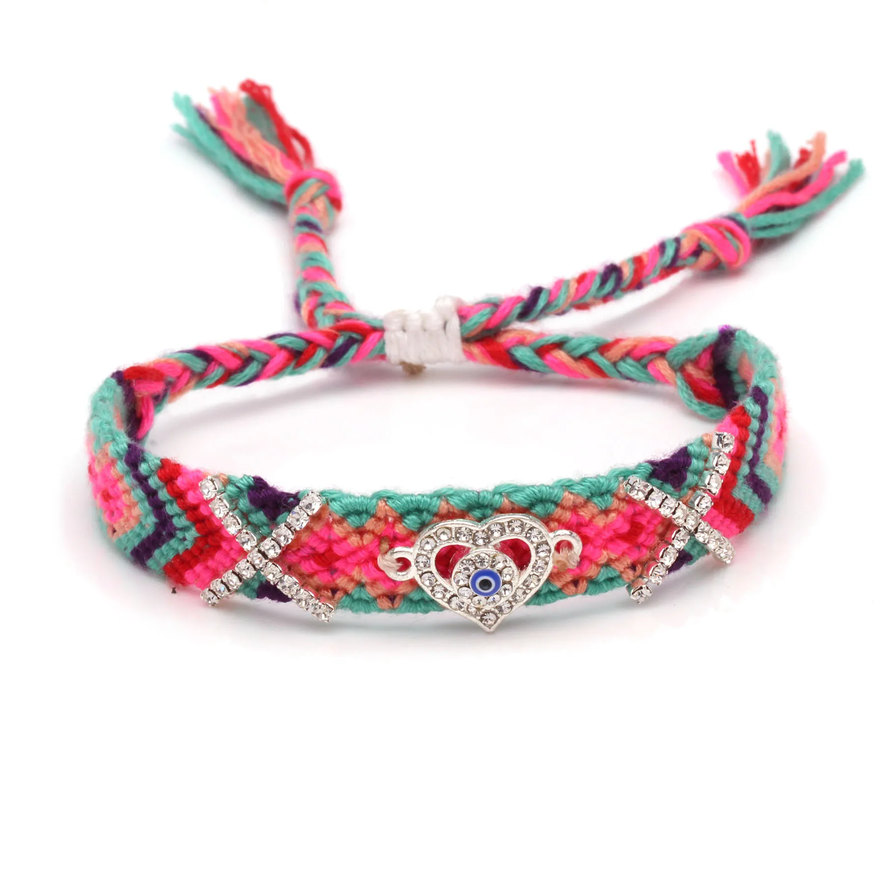 Diamante Love Heart Evil Eye Luck Charm Adjustable Friendship Bracelet Women Men Pink Green Embroidery String Macrame Jewelry | Украшения и