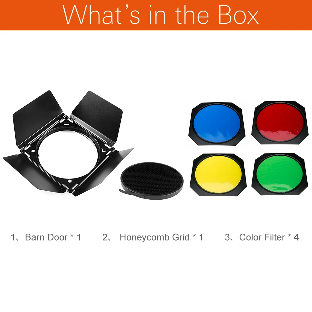 Godox BD 04 Barn Door С Honeycomb Grid и 4 цветными гелевыми фильтрами (красный желтый синий