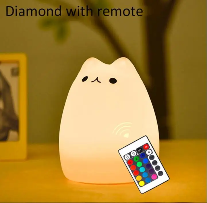 Colorful Cat Silicone LED Night Light Rechargeable Touch Sensor 2 Modes Children Cute Lamp Bedroom with remote switch | Лампы и