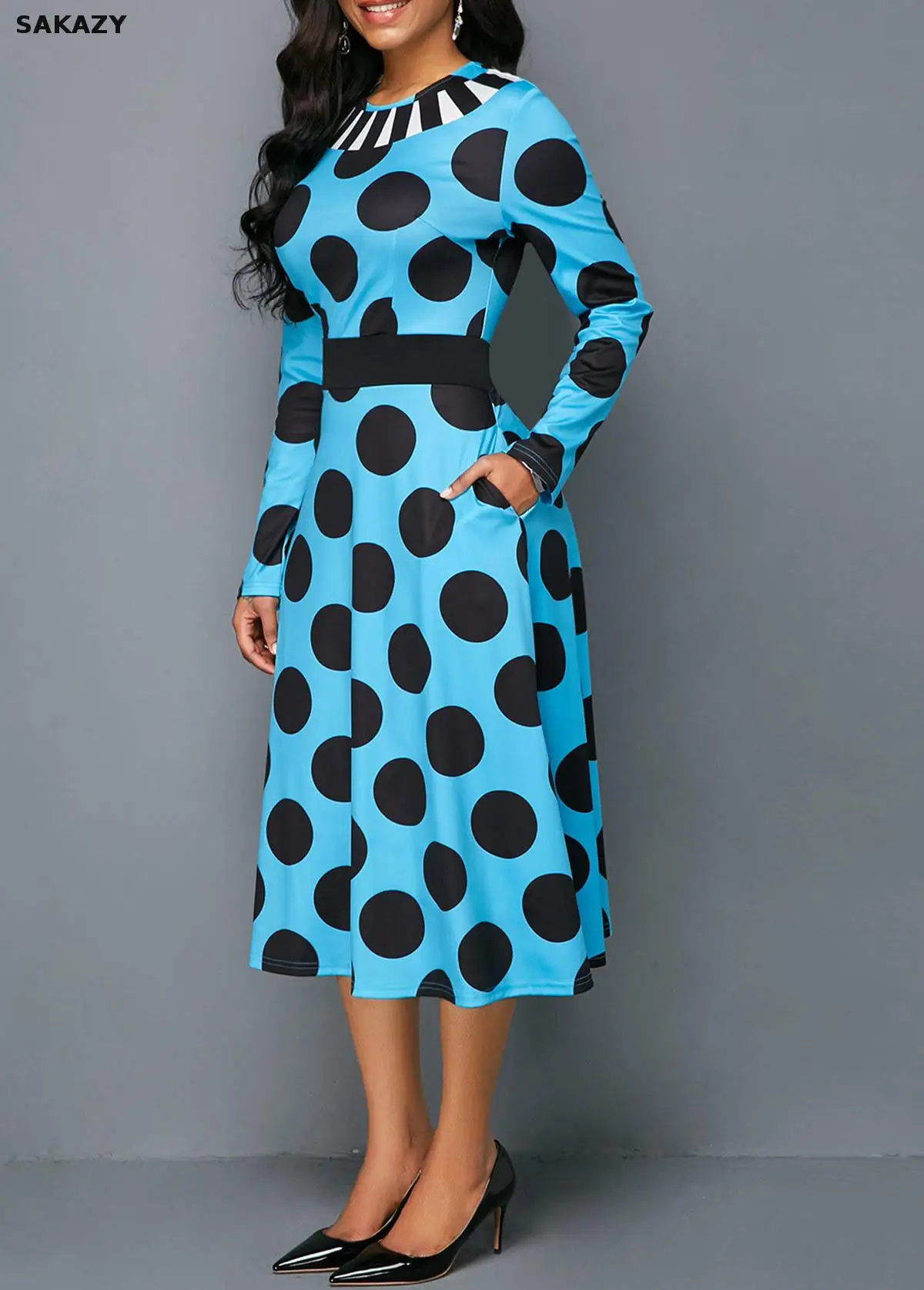 Женское винтажное платье-туника в горошек Повседневное Платье макси с длинным