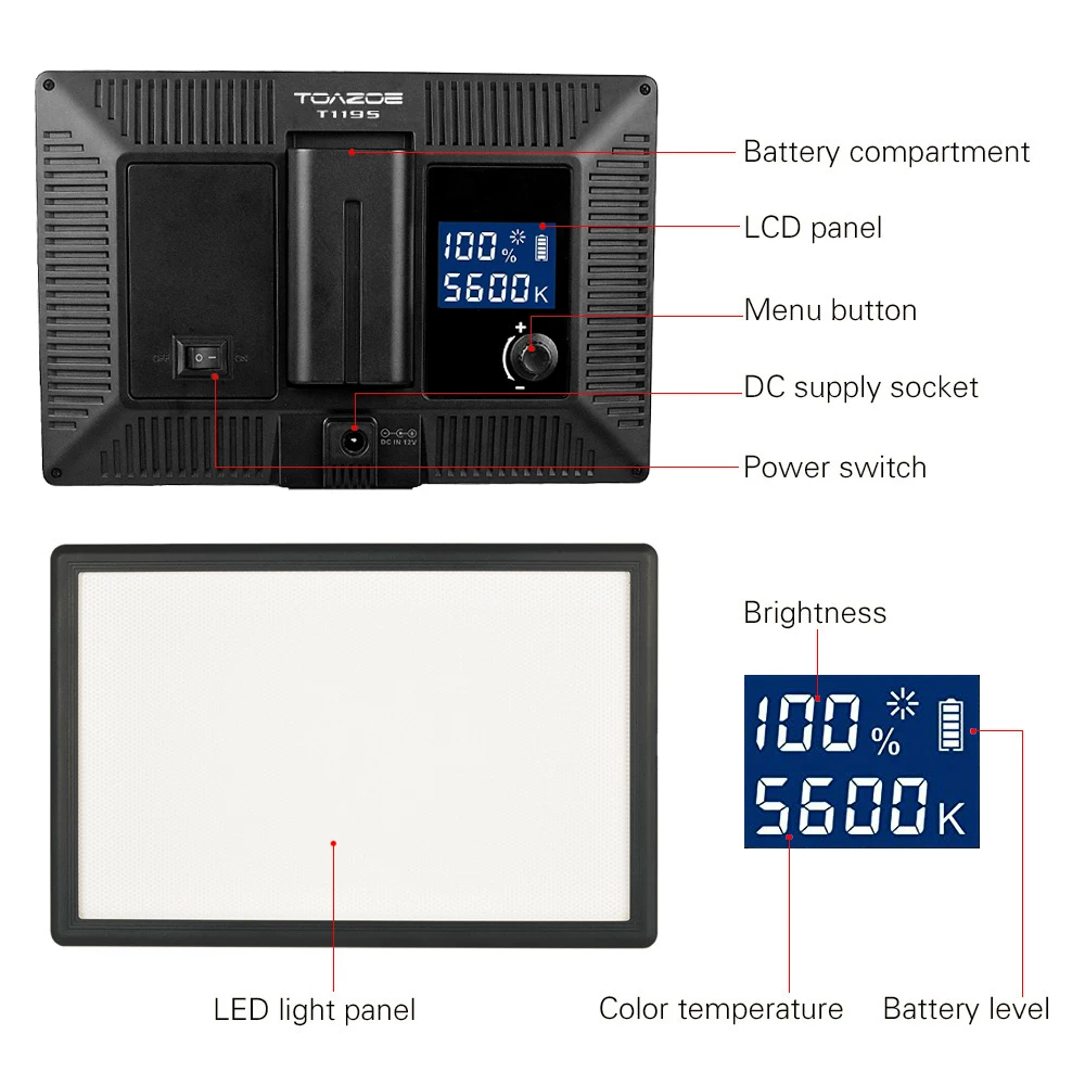 Светодиодная ультратонкая двухцветная лампа TOAZOE T119S для видеосъемки с ЖК
