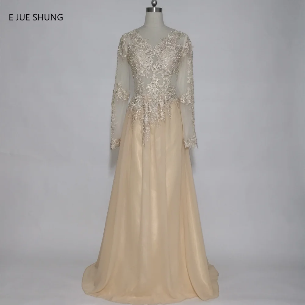 

E JUE SHUNG Champagne Lace Appliques Pearls Evening Dresses Long V-neck Long Sleeves Formal Dresses Prom Dresses robe de soiree