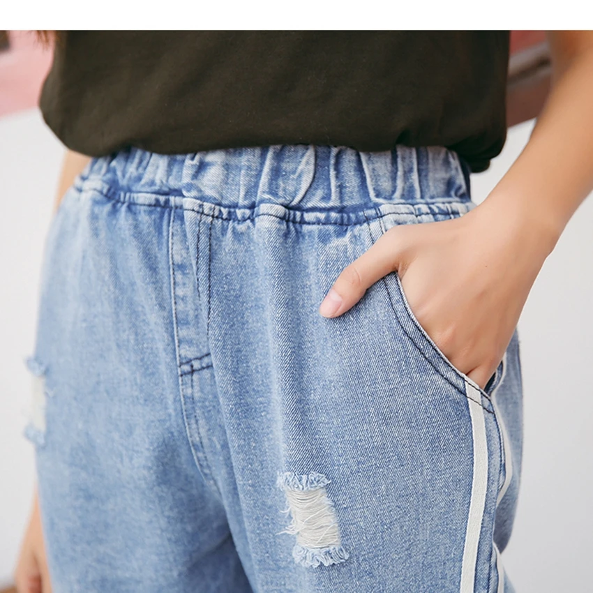 2018 New Vintage Holes Jeans Women Casual Denim Pant Spring Summer High Waist Ripped Jean Ladies White Striped jogger pants |