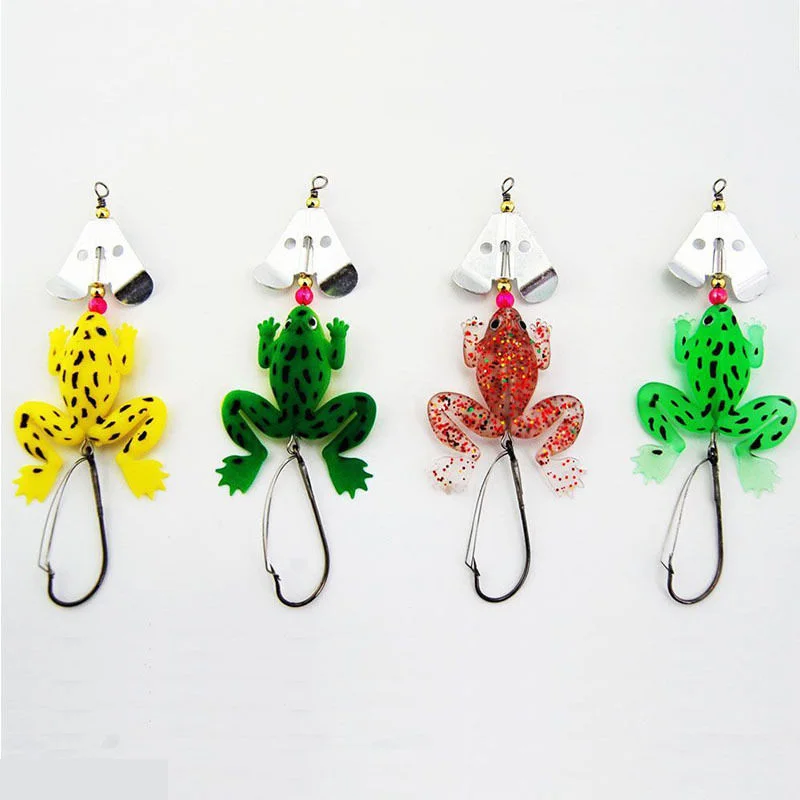 1pcs Rubber Soft Frog Fishing Tools Green Yellow Clear Floating Spinnerbait With Spinner Blades Weight 7g | Спорт и развлечения