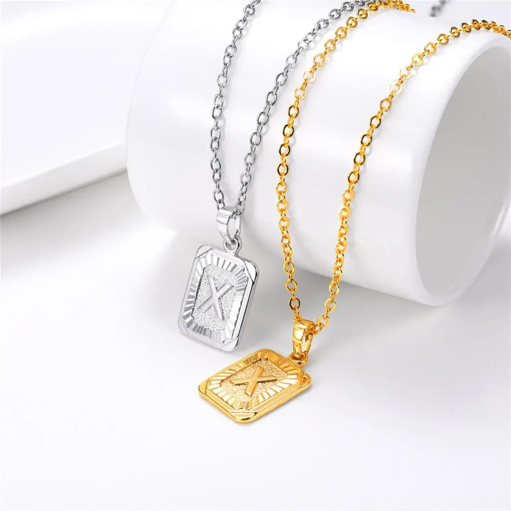 U7 Square Letters Necklaces Pendant Chain Necklace for Women Men English Initial Name Alphabet Jewelry Best Birthday Gifts P1196 - Окраска металла: X