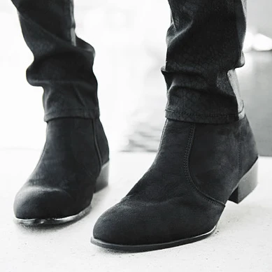 Мужская обувь в английском с высоким берцем; повседневные ботильоны в английском стиле; туфли в английском стиле на Кубинском каблуке на молнии, обувь с острым носом из флока 2 Цвета A128 - Цвет: Черный