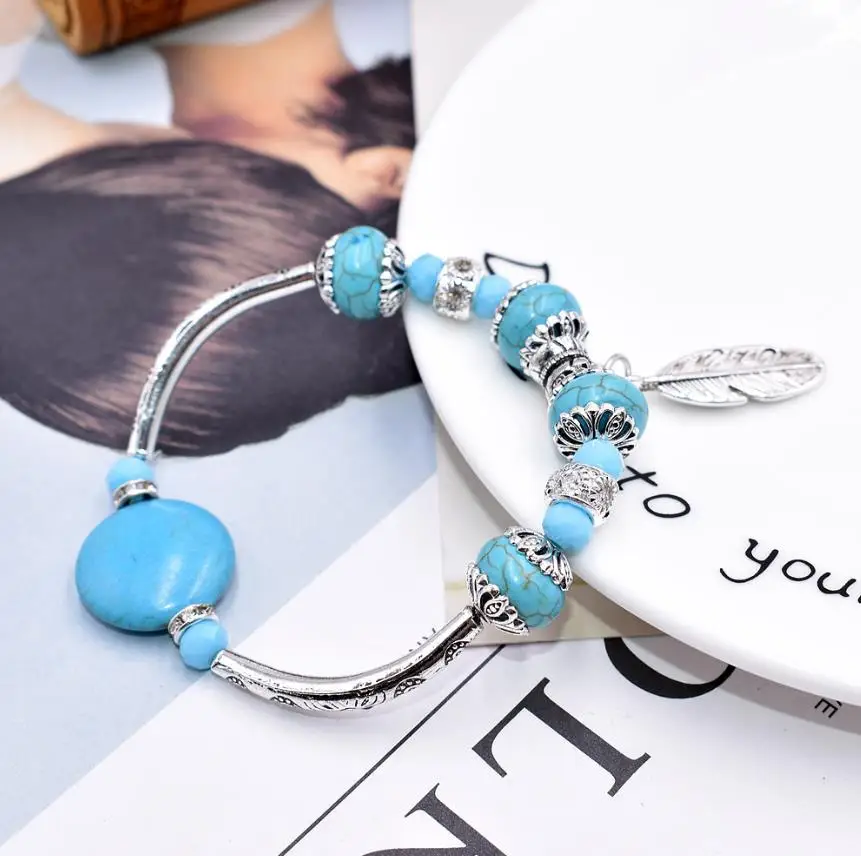 

Charm Turquoises Bracelet Antique Silver Color Leaf Pendant Crystal Bead Bangle Bracelet For Women Jewelry