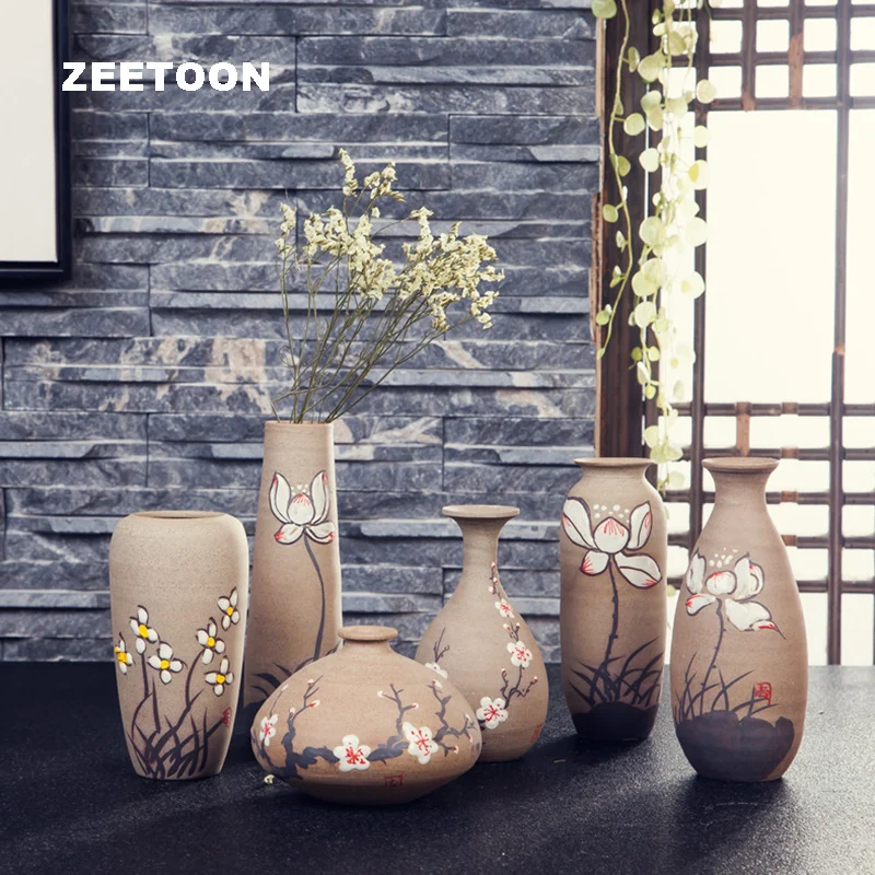 Zen Japanese Vintage Vase jingdezhen Coarse Pottery Hand painted Tabletop Small Flower inserted Jar Pot Tube Creative Home Decor | Дом и сад