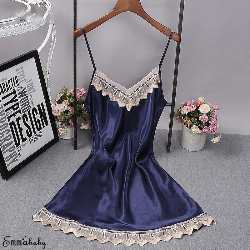Женское атласное мини платье без рукавов с v образным вырезом кружевное ночное