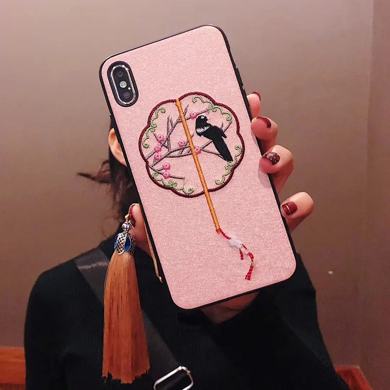 Чехлы в китайском стиле для huawei P30 P20Lite Mate20 Pro Magpie fan вышивка мягкий чехол для Nova 3 3i 4 задняя крышка fundas с кисточкой - Цвет: 1