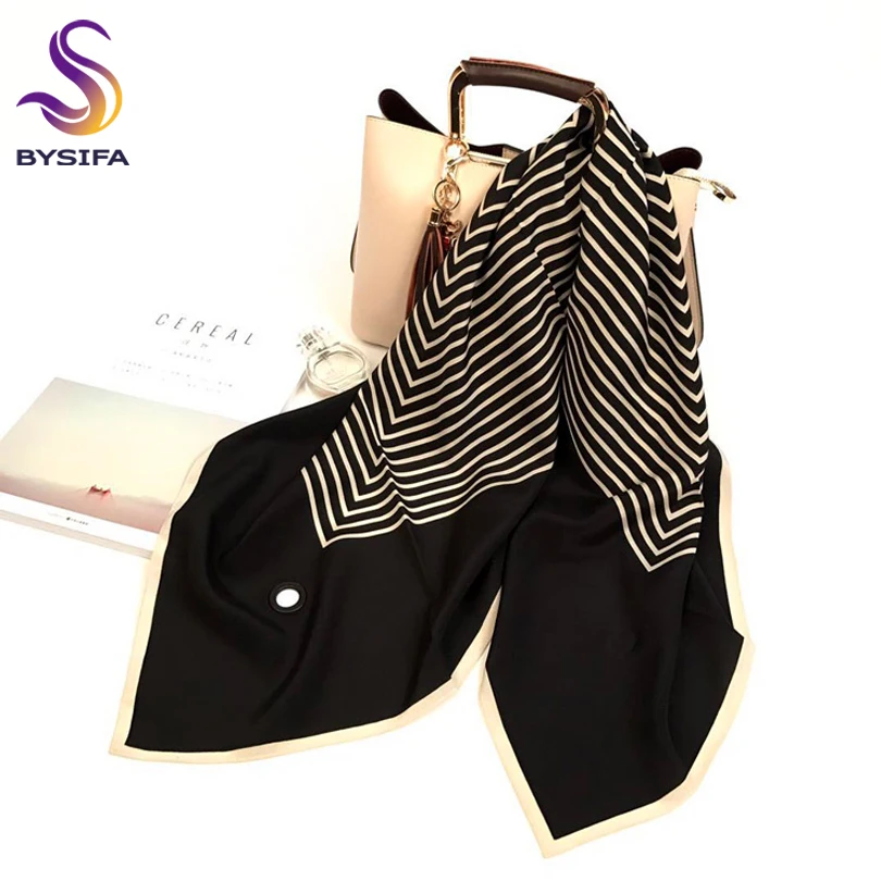 

[BYSIFA] Women Black White Striped Scarves Fashion New Brand Luxury 100% Silk Scarf Punched 90*90cm Large Square Head Scarves