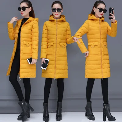 Ginger yellow Новинка, зимняя женская куртка, плюс размер, 3XL, женские парки, теплая верхняя одежда, одноцветные пальто с капюшоном, Длинная женская тонкая хлопковая Базовая куртка - Цвет: Ginger yellow
