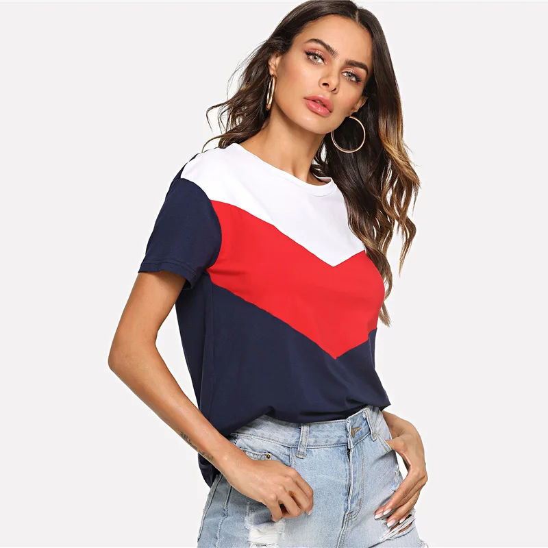SweatyRocks Cut and Sew Tee многоцветный короткий рукав круглый вырез пэчворк повседневные топы женские летние Athleisure футболка с цветными деталями