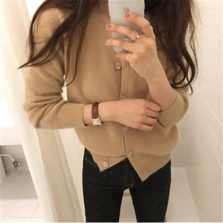Кашемировый вязаный женский корейский стиль Vneck Тонкий однобортный Кардиган свитер сплошной цвет S-2XL
