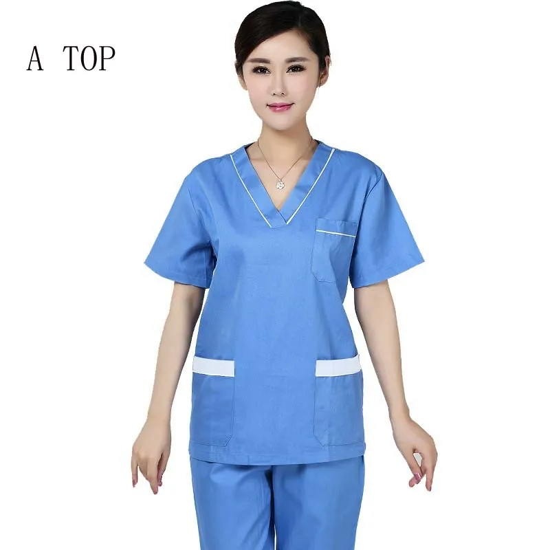 blue top Женская мода на каждый день Топы Цвет блокировка дизайн форменной одежды для Топ с V-образным вырезом медицинская униформа для сотрудниц спа-салонов(только в верхней части - Цвет: blue top