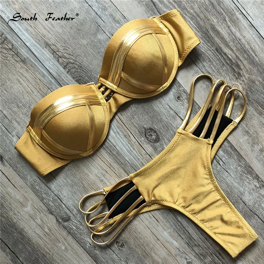 Женский купальник-бикини с золотым тиснением пуш-ап купальник-бандо бразильский