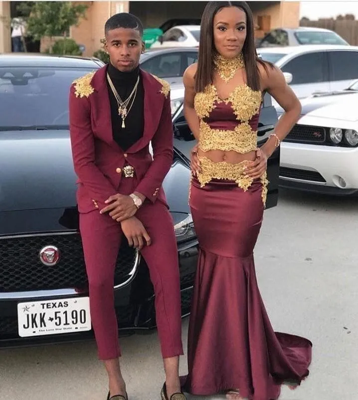 

Sexy African Girls Two Piece Burgundy Mermaid Prom Dresses 2019 With Gold Lace Appliques Satin Women Long Party Evening Gowns