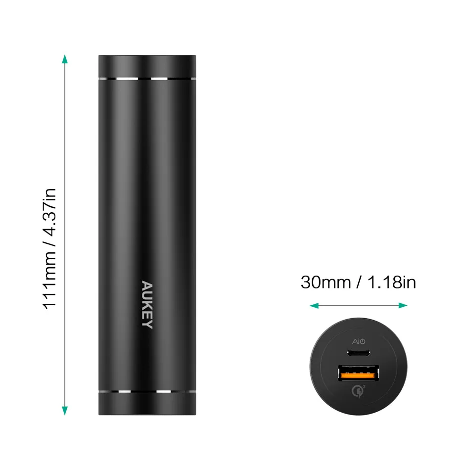 Aukey Quick Charge 3.0 Мощность Bank 5000 мАч цилиндрические телефон Портативный внешний