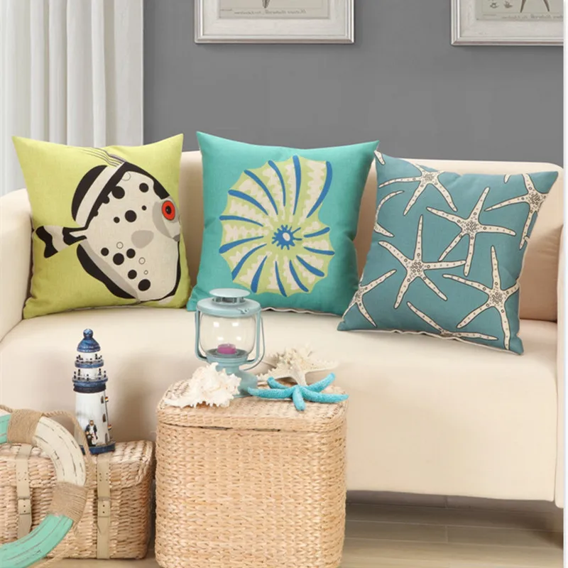 Мультяшная льняная хлопковая Подушка с морскими рыбками декоративная подушка