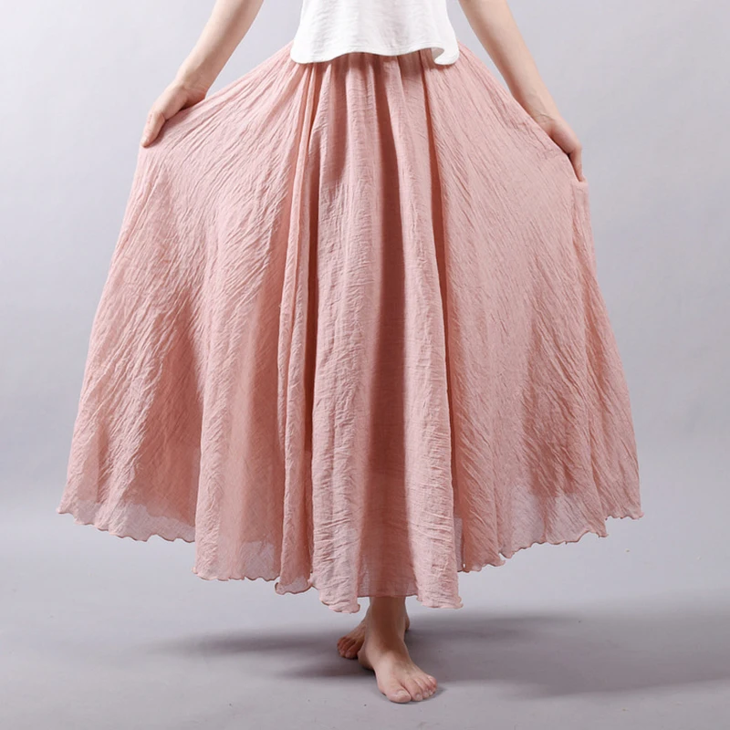 2018 New A-Line Women Linen Cotton Skirts Elastic Waist Two Layers Pleated Maxi Beach Boho Vintage Long Summer | Женская одежда