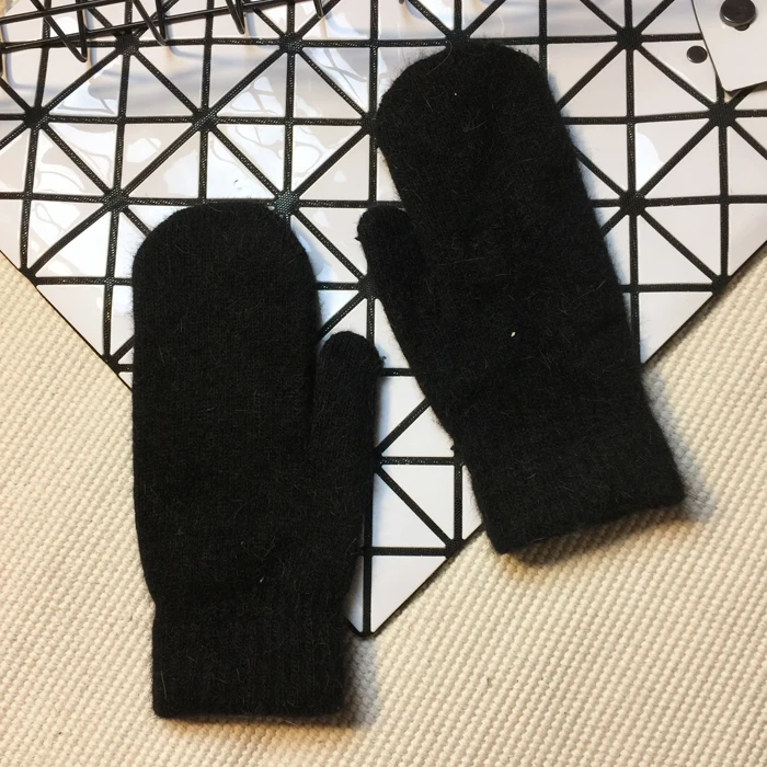 Diy зимние перчатки женские мягкие шерстяные кроличья шерсть теплые вязаные перчатки теплые для девочек яркие цвета варежки удобные - Цвет: Черный