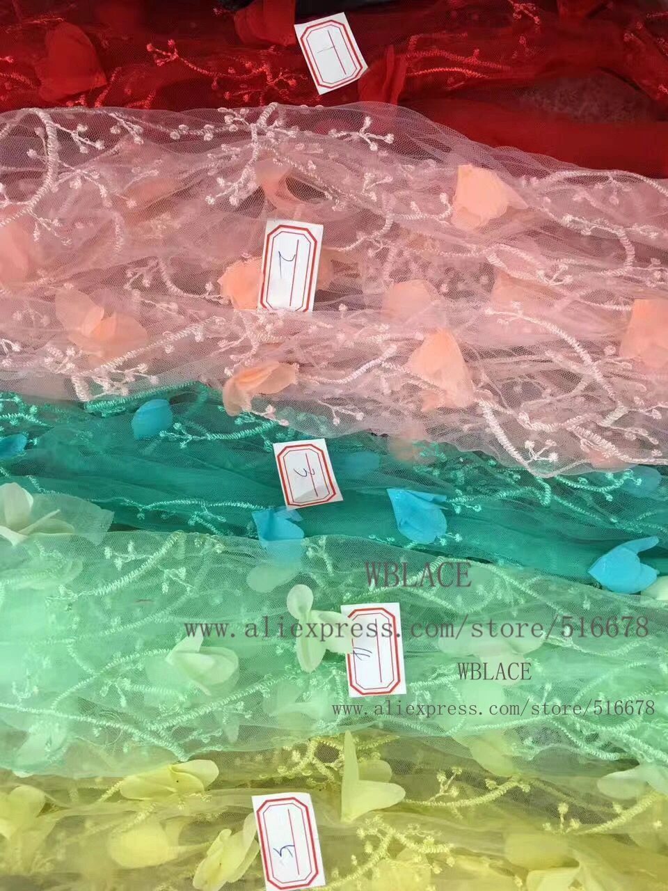 

5yards/lot Hot-selling 3D flowers mixed light green on net yarn embroidery lace fabric party/evening dress fabric