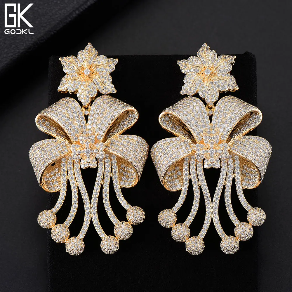 GODKI 72mm Trendy Luxury Bowknot Tassels Nigerian Long Dangle Earrings For Women Wedding Zirconia CZ Dubai Bicolor Earring | Украшения и