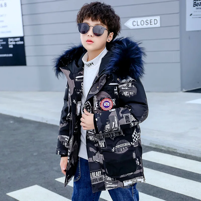 Зимние Утепленные пуховики для мальчиков на утином пуху русской зимы Верхняя