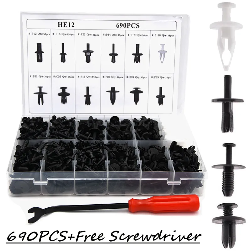 

690Pcs/Set 12 Sizes Assorted Car Body Push Retainer Pin Rivet Fasteners Trim Moulding Clip Expansion Screws Kit for volvo s80