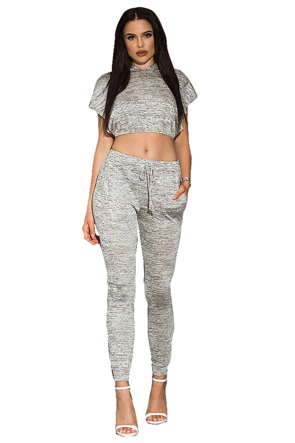 sexy Sweatshirt Pants Tracksuit Sweat Suits Woman's clothing Hoodies Charcoal Gray Marled Slit Hoddies Crop Top Pant Set 62012 |