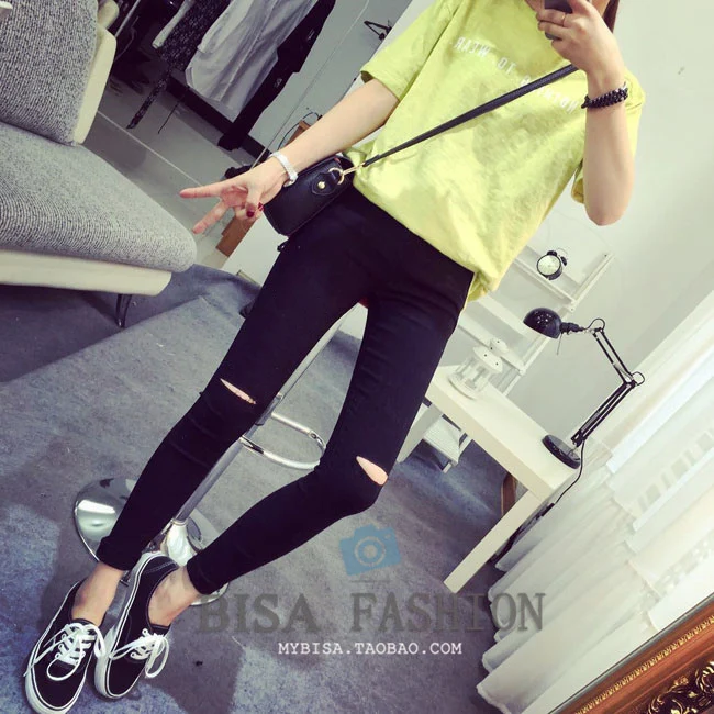 Hot Pants Summer Women 2015 New Fashion Solid Color Leggings Spring Vertical Stretch Jeans Pencil one hole on knee | Женская одежда