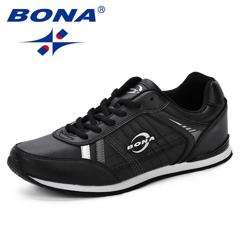 BALCK SLIVER GREY BONA/Осенняя кожаная спортивная обувь; молодежные мужские трендовые удобные кроссовки; Корейская версия; мужские уличные кроссовки для бега - Цвет: BALCK SLIVER GREY
