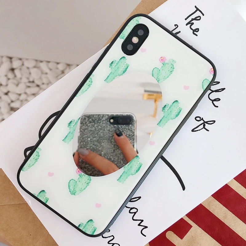 Coque for iPhone 7 7Plus Fashion Cactus Mirror Glass Case Cover Apple iPhone7 6 6s 8 Plus X 10 Hard Phone Women |