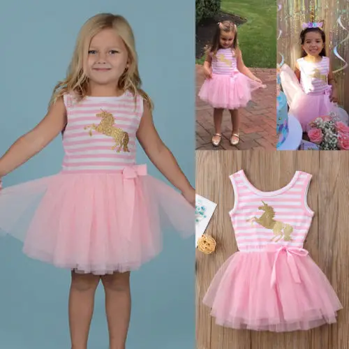 2018 New Pink Dress Sweet Baby Girls Unicorn Stirped Kids Princess Birthday Party Wedding Children Lace Tutu Dresses Hot | Детская