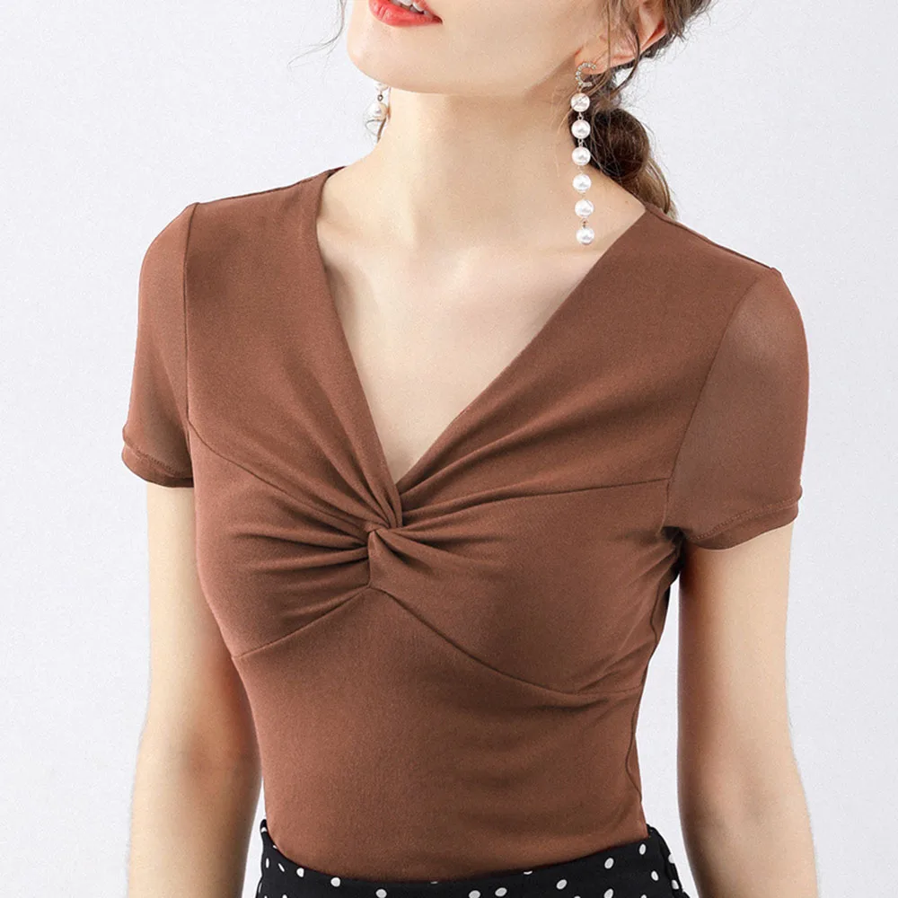 Сексуальная футболка женская с v-образным вырезом Топ элегантная однотонная