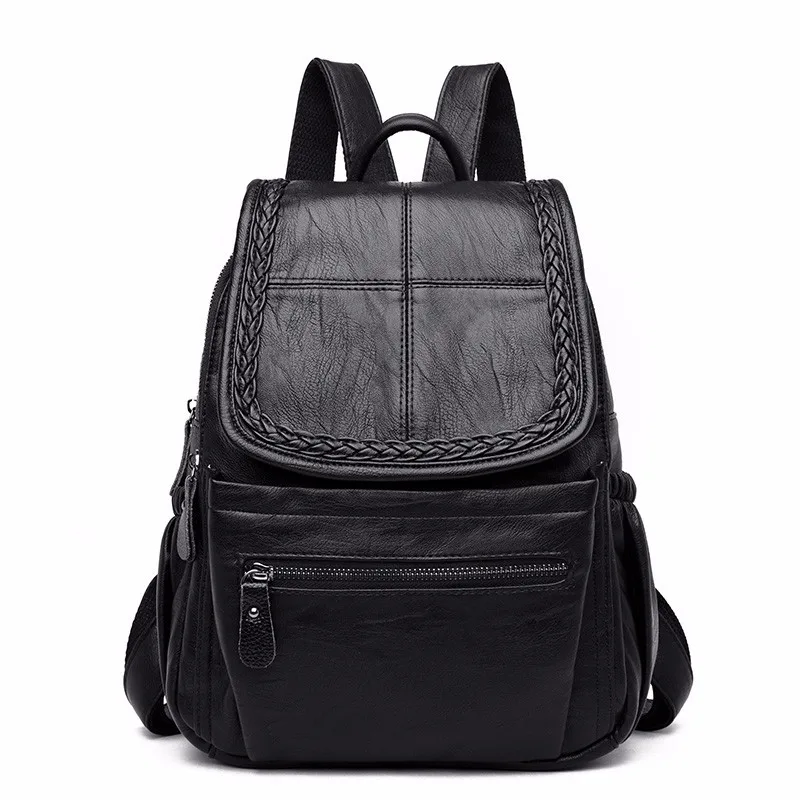 Женские кожаные рюкзаки Mochila Feminina рюкзак для девочек винтажные сумки однотонные женские роскошные дизайнерские рюкзаки женские - Цвет: Black