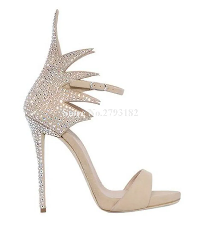 

Brand Women Fashion Bling Bling Rhinestone Black Beige Wing Shaped Thin Heel Sandals Ankle Wrap Crystal High Heel Sandals