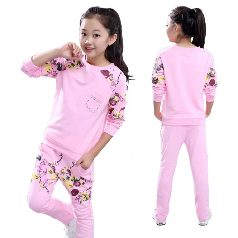Girl Sports Suits Clothing Sets 5 6  8 10 12 14 Year Girls Print Tracksuits Costume Kids Cotton Spring Autumn Sportswear Outfits