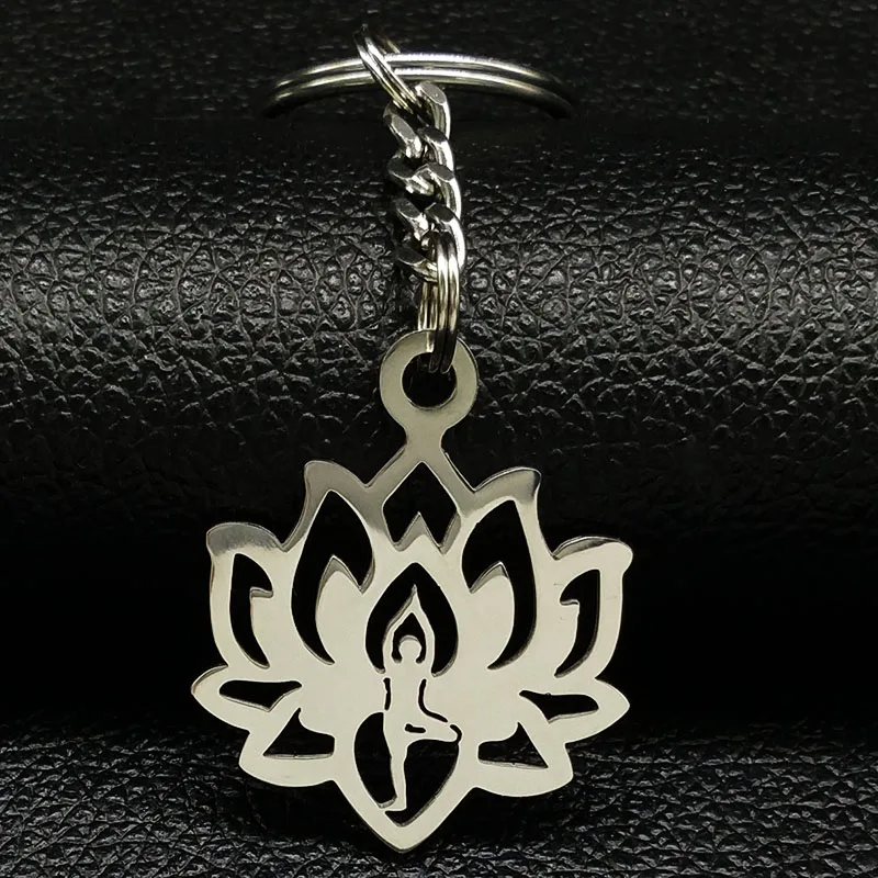 2021 модные брелки из нержавеющей стали с лотосом для йоги женщин серебряный цвет