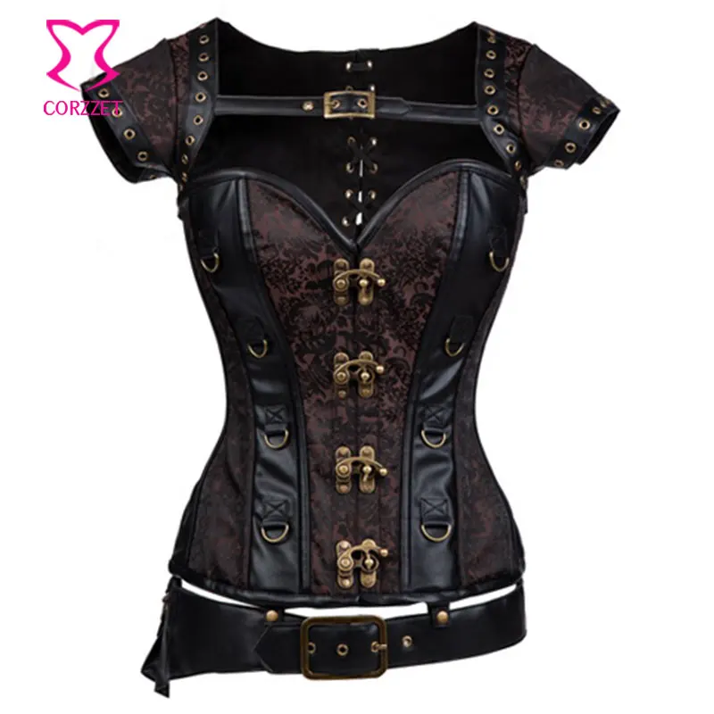 

Black Brocade&Leather Steel Boned Espartilhos E Corpetes Plus Size Sexy Corset Steampunk Clothing Gothic Korsett For Women 6XL