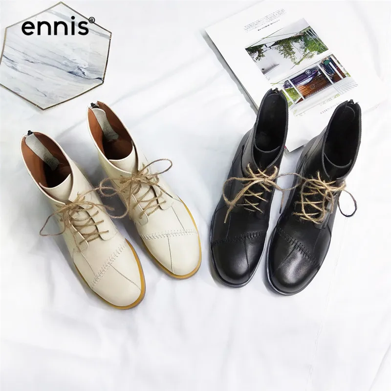 ENNIS/; дизайнерские ботинки; женские ботинки из натуральной кожи; женские ботильоны martin на шнуровке; цвет черный, бежевый; осенне-зимняя обувь на молнии; A956