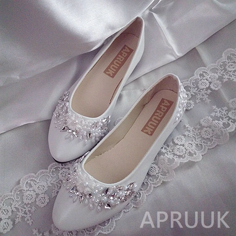 

Luxury crystal rhinestones flats wedding shoes for bride plus size 41 42 43 ladies party proms dress ceremony white flats shoe