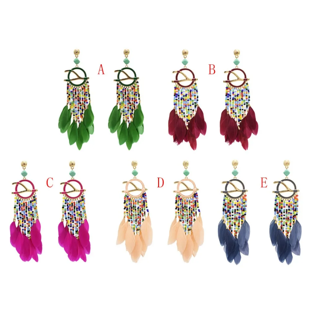 

Bohemian Gold Alloy Tassel Earrings For Women Fashion Beads Feather Statement Earrings Beach Party Jewelry