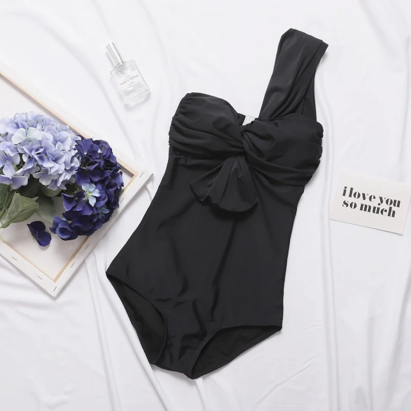 Женский цельный купальник винтажный на одно плечо однотонный Купальник в ретро