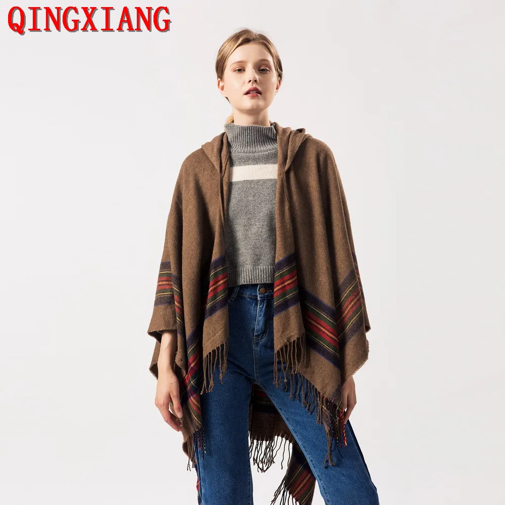 

Khaki Ladies Thick Colorful Faux Cashmere Jacquard Shawl Warm Long Oversize Cardigan Printed Wraps Strips Winter Poncho With Hat