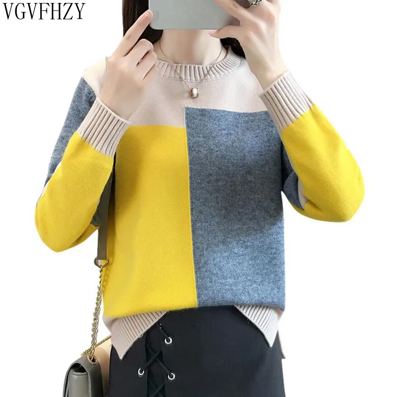 

Autumn winter Women Sweater Pullover 2018 New Fashion Colorblock O-neck Loose Knit Bottom Sweater Large size Women Clothing