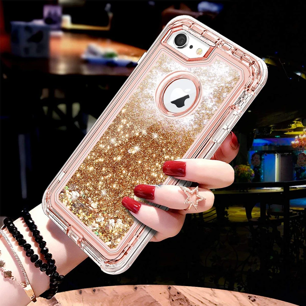 Rose Gold 3 в 1 ТПУ блестящий прозрачный зыбучий песок чехол для Iphone XS Max XR 8 Plus 7 6S 360 чехол Блестящий Прозрачный жидкий жесткий полная защита - Цвет: Rose Gold