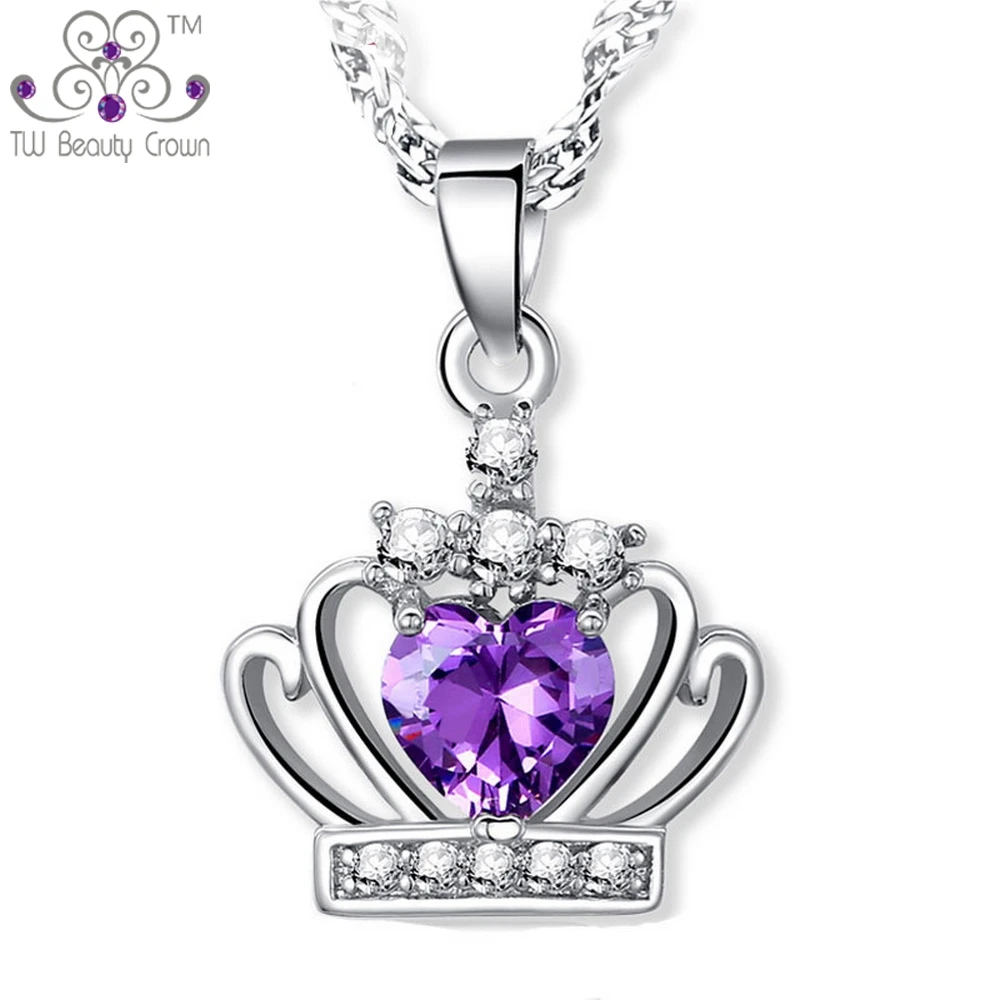 

925 Sterling Silver Fashion Party Jewelry Modern Design White Purple Crystal Cubic Zirconia Crown Pendants Necklaces For Women