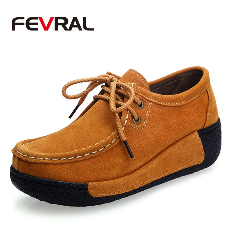 FEVRAL/модные криперы; повседневная обувь на платформе; женская замшевая обувь с круглым носком на шнуровке; женская обувь на плоской подошве в стиле панк; криперы; Размеры 35-42 - Цвет: Brown