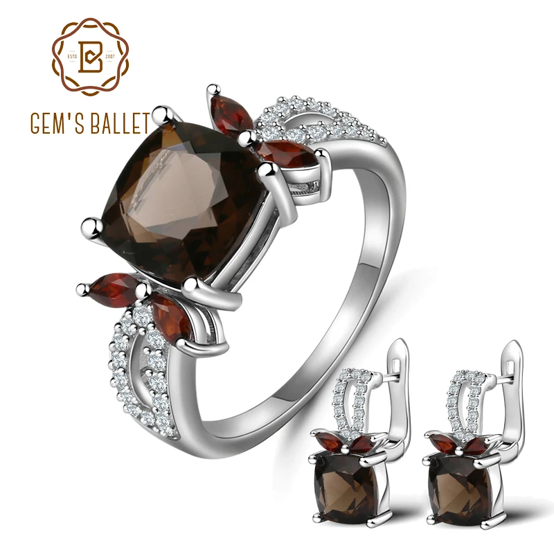 GEM'S балетные классические кольца, клипсы, Натуральный дымчатый кварц, гранат, тонкая натуральная 925 пробы, Серебряный набор украшений для женщин, подарок